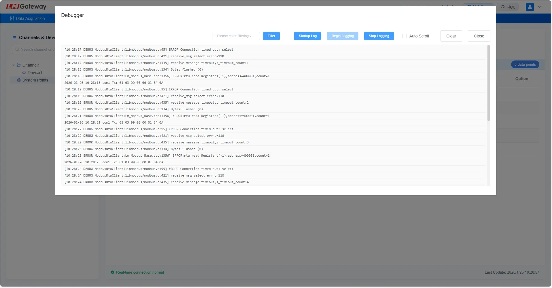 BACnet gateway diagnostic logging interface